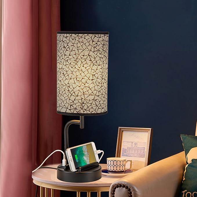 Dreamholder Touch Control USB Table Lamp, Upgraded 3-Way Dimmable Nightstand Desk Lamp with USB C & A Charging Ports and AC Outlet, Bedside Lamp for Bedroom Dimmable 9W LED Bulb Included