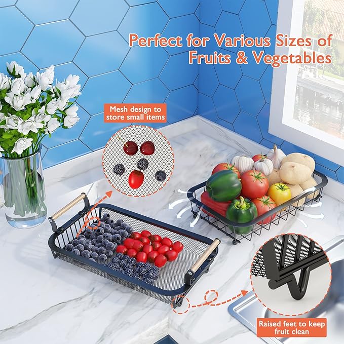 ANTOPY 2 Tier Fruit Basket with 2 Banana Hangers, Countertop Fruit Vegetable Basket Bowl for Kitchen Counter Metal Mesh Basket Fruits Stand Produce Holder Organizer for Onion Potato Bread Snack Veggie