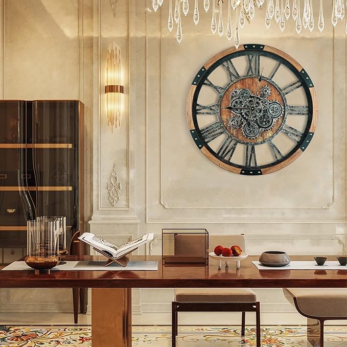 27 Inch Moving Gear Wall Clock, Oversized Wall Clocks, Clock Living Room Decor, Solid Wood Frame, Battery Operated, Large Wall Clock with Steampunk Industrial for Fireplace(Brown)