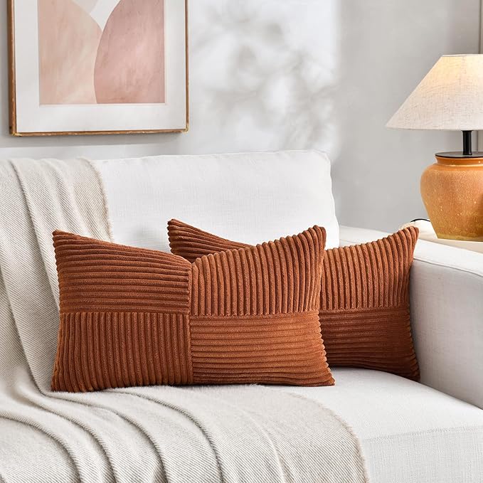 Fancy Homi 2 Packs Rust Long Lumbar Decorative Throw Pillow Covers 16x24 Inch for Couch Bed Sofa, Farmhouse Boho Home Decor, Soft Striped Corduroy Rectangle Accent Terracotta Cushion Case 40x60 cm