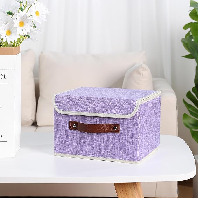 ANMINY Storage Bin with Lid Storage Boxes with PU Leather Handles PP Plastic Board Decorative Foldable Lidded Cotton Linen Fabric Home Cubes Baskets Closet Organizer Container - Purple, Small Size