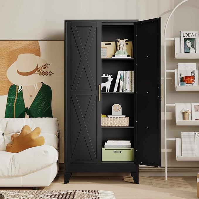 61" H Metal Kitchen Pantry Storage Cabinet, Freestanding Cupboard with 2 Doors and 3 Adjustable Shelves, Standing Storage for Kitchen, Bathroom, Garage, Dinning Room or Utility Room(Black)