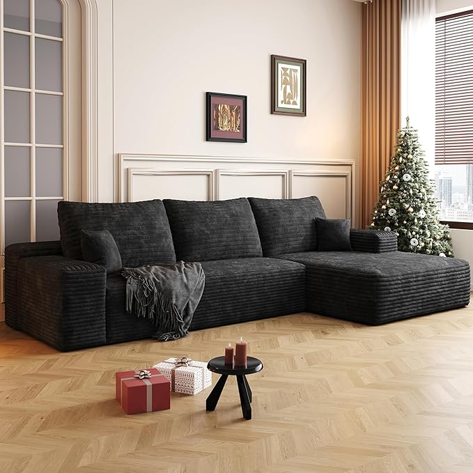 108" Sectional Couches for Living Room Modern Modular Sofa with L-Shape Couchs Upholstered Boneless Couch Deep Seat Sectional Couch with Chaise (Black, Right Facing Chaise+2Seaters)