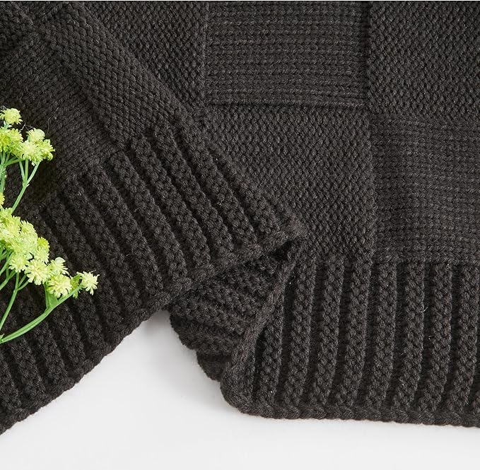 CozeCube Check Knit Throw Blanket, Jet Black Checkered Throw for Couch, Decorative Christmas Soft Cozy Warm Knitted Blanket for Bed Sofa Living Room, 60"X80"