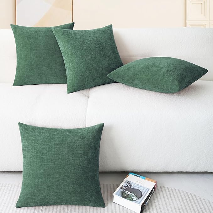 CaliTime Throw Pillow Covers Decorative 18 X 18 Inches Pack of 4 Cozy Chenille Cushion Cases for Couch Sofa Bed Living Room Home Dark Green