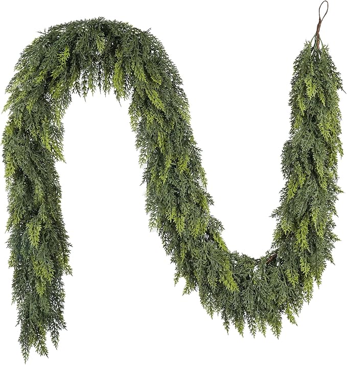 6 ft Christmas Garland, Cedar Garland, Real Touch Cypress Garlands, Green Artificial Greenery Garland for Mantel Indoor Outdoor Christmas Decorations