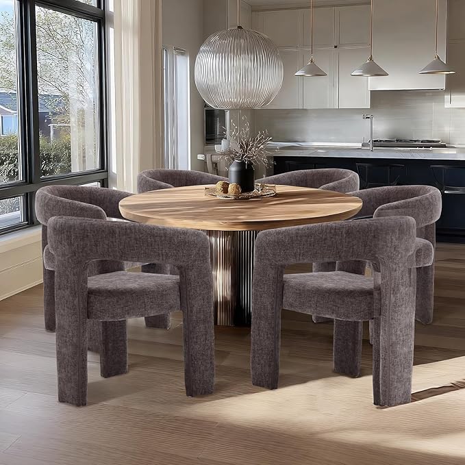 Charcoal Grey Chenille Dining Chairs Set of 2, Modern Barrel Dining Room Chairs Upholstered Accent Chair with Arms and Round Back for Living Room Kitchen Armchair No Assembly Needed