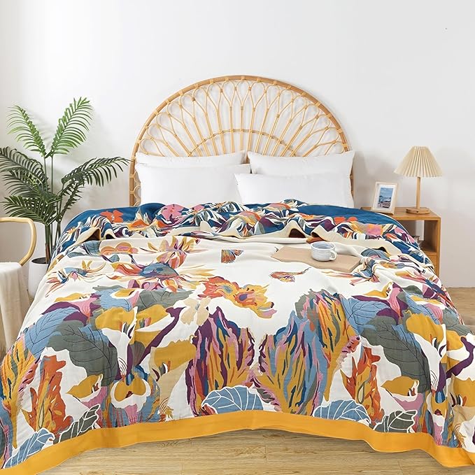 Boho Throw Blanket for Bed - 100% Pure Cotton Ultra Soft Rustic Quilt - Farmhouse Decor Bed Blankets, All Season Rustic Throw for Sofa Couch Chair(80''x 90'', Floral)