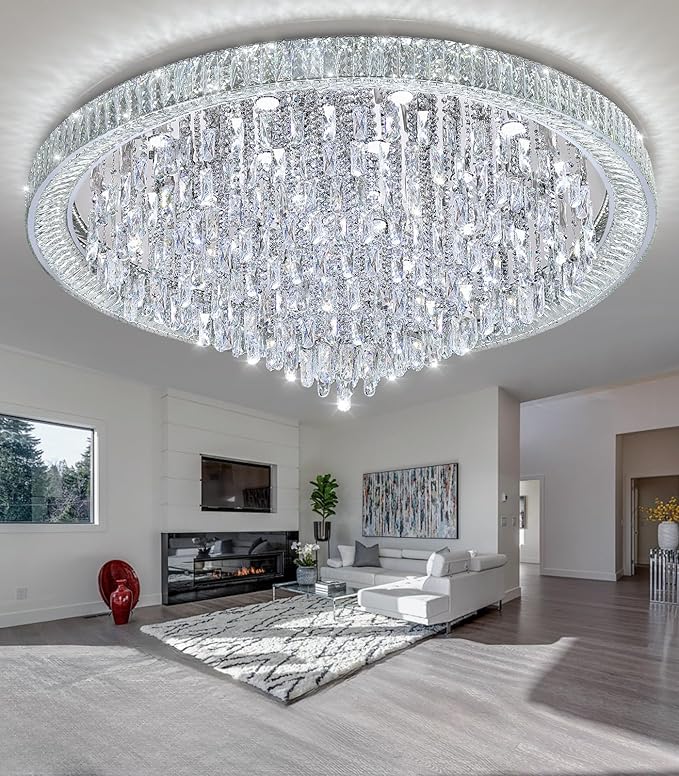 53.7'' Modern Chandeliers LED Dimmable Crystal Flush Mount Ceiling Chandeliers for Living Room High Ceiling Entrance Foyer Lobby Bedroom Silver
