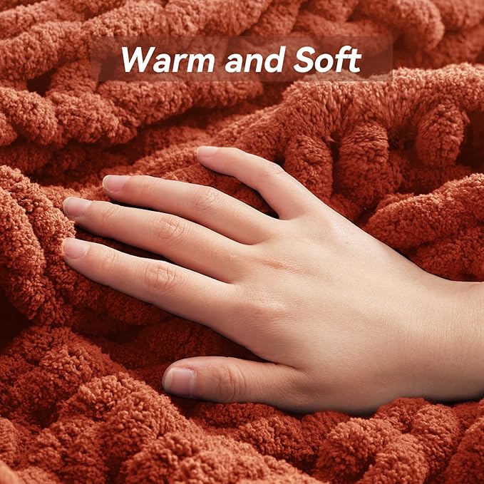 Chunky Knit Throw Blanket, 50''*60'' Fall Throw Blanket Knitted Chenille Yarn for Bed Couch, Handmade Orange Crochet Big Thick Blanket, Machine Washable Cute Comfy Blankets for Home Decor