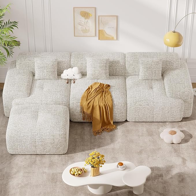 122" Modern L Shaped Modular Sectional Sofa, Boneless Couches for Living Room with Ottoman,4 Seater Convertible Chenille Cloud Couch Sofa Set, No Assembly Required, Beige 1 PCS