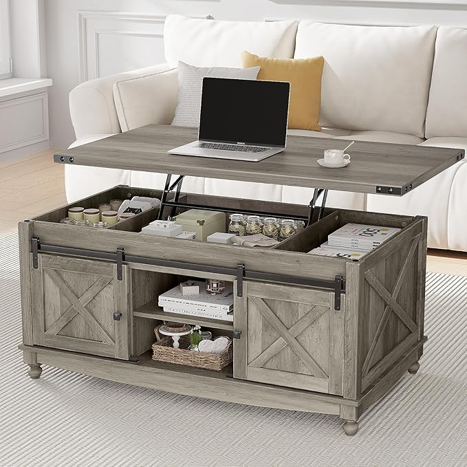48" Farmhouse Lift Top Coffee Table with Storage Sliding Barn Door & Large Hidden Compartment, Coffee Table with Lifting Top with Wooden Lift Tabletop, Coffee Tables for Living Room, Grey