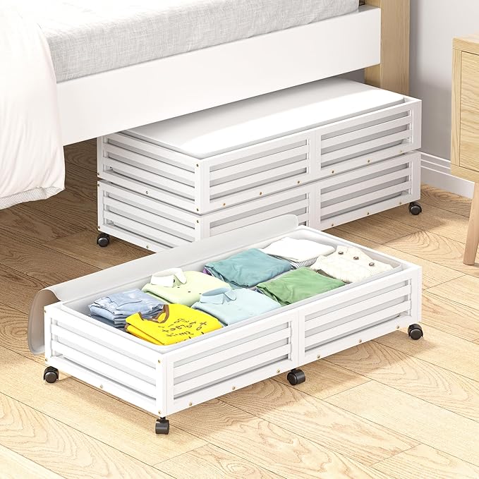 Bamboo Under Bed Storage Containers- Underbed Organizer with Wheels with Large Dust Bag,Sturdy Wood Rolling Under the Bed Shoe Storage Organizer Drawer 2 Packs (White, Long)