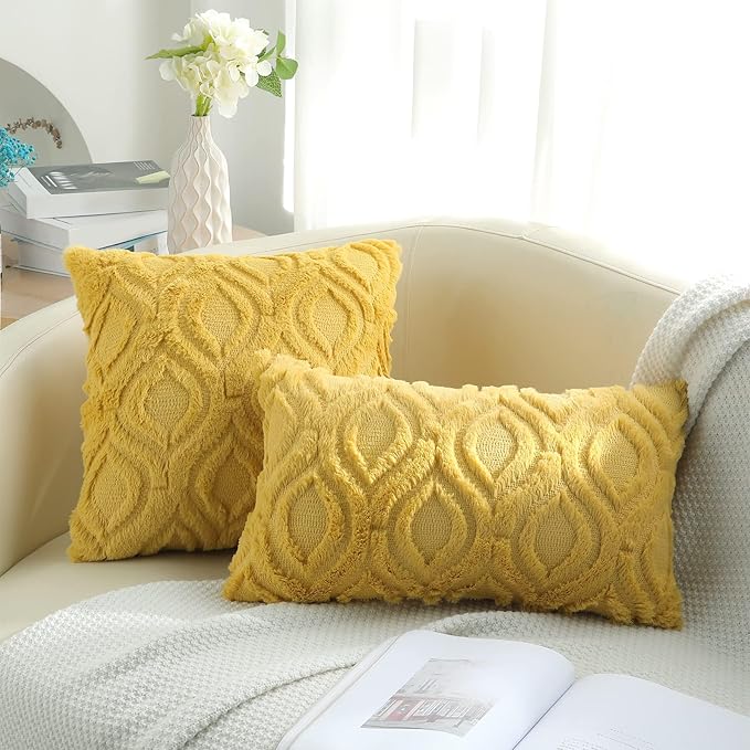 decorUhome Throw Pillow Covers 12x20 Inch Set of 2, Soft Plush Decorative Faux Fur Mustard Yellow Solid Couch Pillow Covers, Accent Farmhouse Neutral Lumbar Euro Pillow Cases for Sofa Bed Living Room