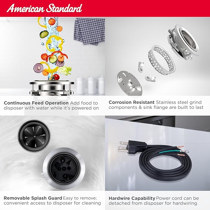 American Standard 10-US-AS-5 Garbage Disposal Anti-Jam Stainless Steel Food Waste Grinding System, Slim Line, 1/2 HP, Black