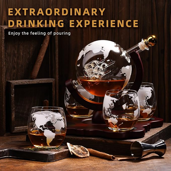 Gifts for Men Dad Husband Christmas, Whiskey Globr Decanter Set with 4 Etched Globe Glasses, Unique Anniversary Birthday Gifts for Brother Boyfriend, Cool Stocking Stuffers Bourbon Whikey Gifts