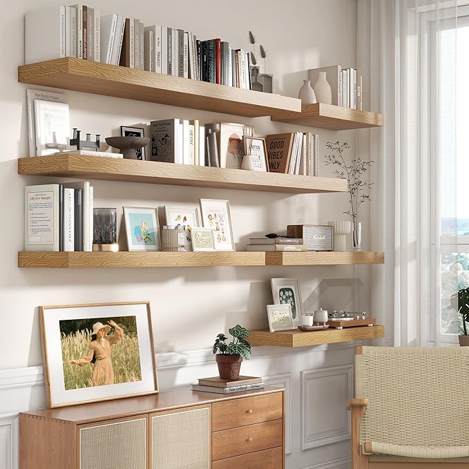 Deep Floating Shelves for Wall - 72 Inch Wide x 12 Inch Deep Wall Shelves Set of 1 - Rustic Oak Color Wood Shelves for Living Room, Bathroom, Laundry Room, Bedroom, Kitchen, Home Office