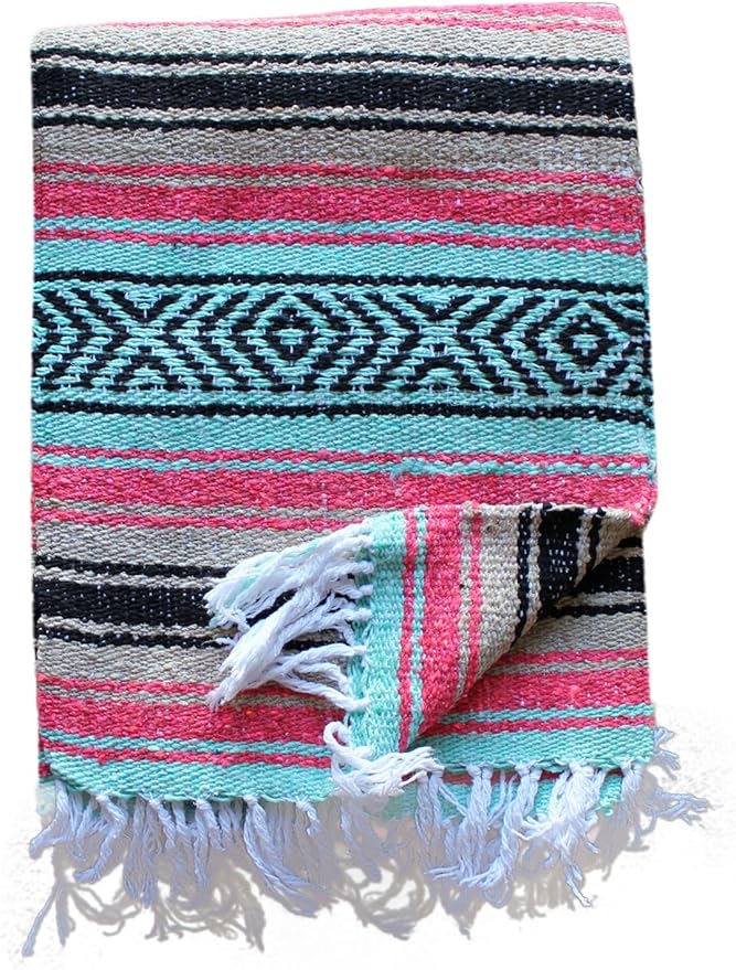 Del Mex Classic Mexican Blanket, Large Authentic Woven Falsa Throw (70"x50"), Artisan Southwest Décor for Beach, Yoga, Outdoors (Mint/Tan/Pink)