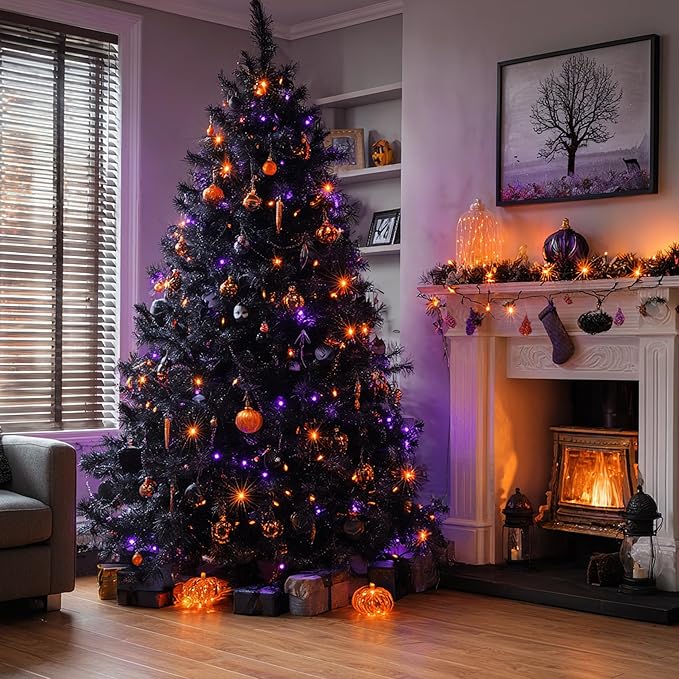 Dazzle Bright Halloween String Lights, 600 LED 196 FT Waterproof Black Wire String Lights with 8 Lighting Modes, Halloween Decorations Outdoor for Party Yard Garden Decor, Purple and Orange