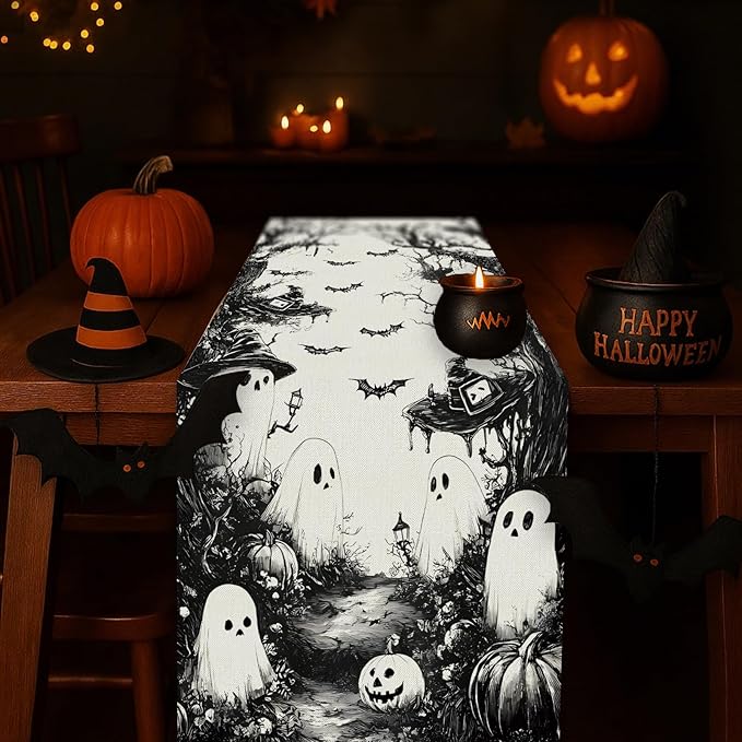 GPGHE Halloween Table Runner Black Ghost Holiday Burlap Table Decoration Indoor Outdoor Home Decor Party Supply 13 x 120 Inch