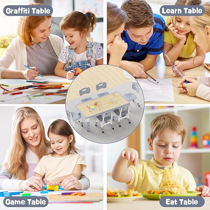 Brelley Kids Table and 6 Chairs Set, Height Adjustable Toddler Desk and Chair Set, Graffiti Desktop, Classroom/Daycare/Home, Children Multi-Activity Table for Ages 2-8