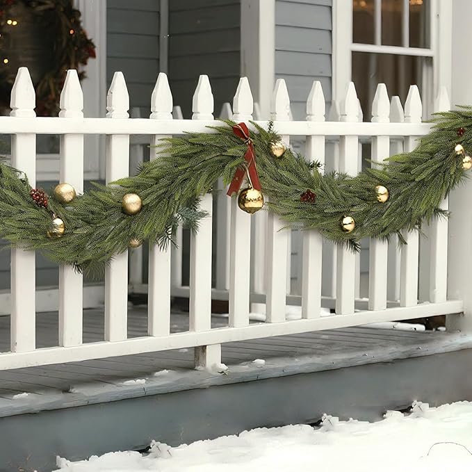 9FT Christmas Norfolk Pine Garland -2PCS, Artificial Pine Needles Garlands Faux Greenery Fake Garland for Holiday Fireplace,Table,Window,Stairs,Mante,Indoor Outdoor Decor