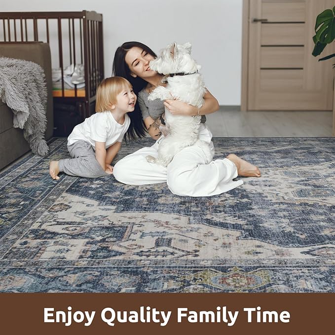 AMOAMI-4X6 Area Rugs for Living Room -Soft Vintage Bedroom Rugs-Non Slip Washable Rug-Throw for Living Room Bedroom Bedside Dining Room Office Blue