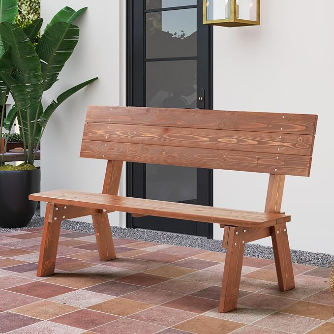 AVAWING Outdoor Convertible Wood Bench with Backrest, Patio Wood Convert a Bench, Space-Saving 2-in-1 Picnic Table Chairs Set for Backyard, Porch, Patio, Garden, Brown