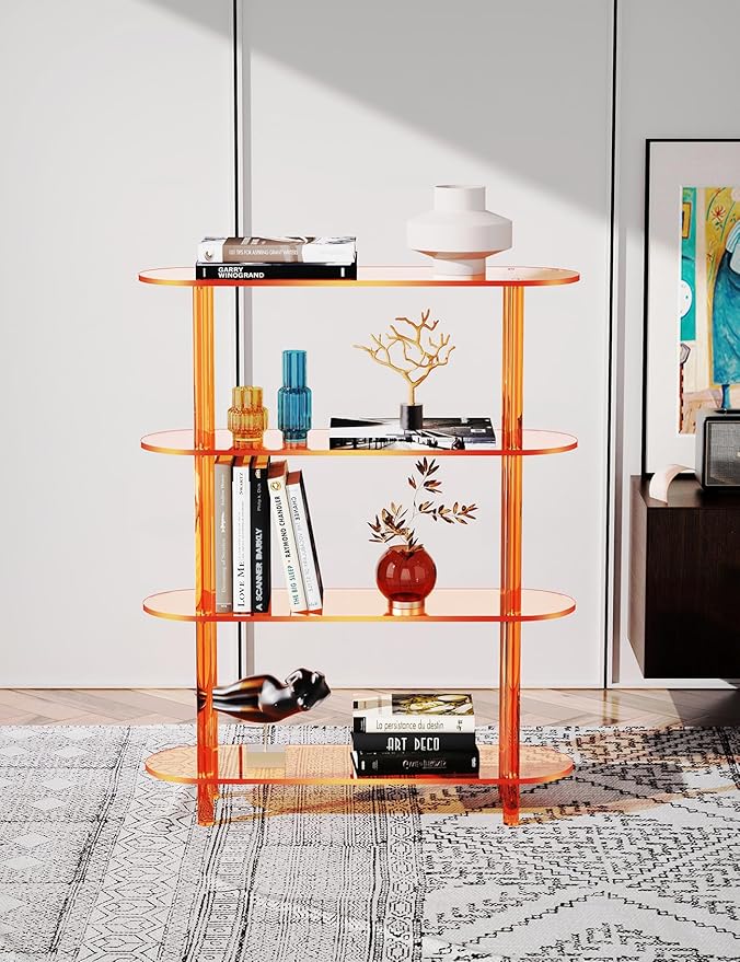 Clear Bookshelf, Acrylic Bookcase with Open Book Shelf for Office Living Room Bedroom (4 Tier Orange)