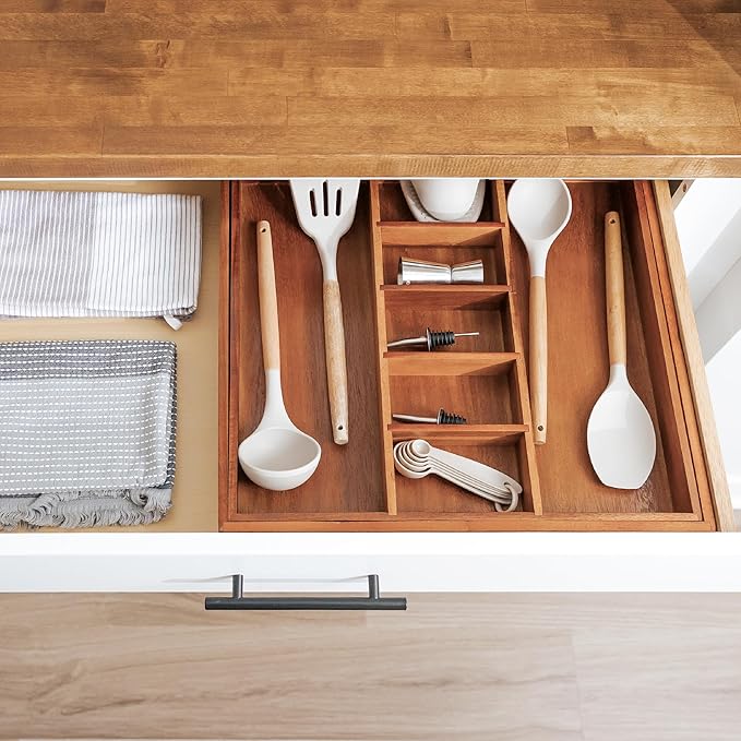 Adjustable Kitchen Drawer Organizer for Utensils and Junk, Food-Safe Contract Grade with 100% Sustainable Wood, Non-Slip, Expandable from 18.5 to 33 Inches Wide - Natural Acacia