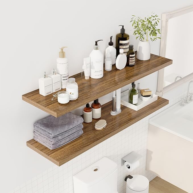 48" Floating Shelves for Wall, 12" Deep Slim Walnut Floating Shelves, Wall-Mounted Shelves for Bedroom, Living Room, Kitchen, Bathroom - Set of 2