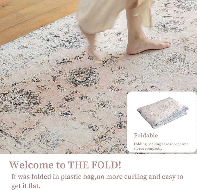 2'x3' Vintage Floral Rug - Persian Inspired Low-Pile Faux Wool Area Rug, Non-Slip Washable Small Rug for Bedroom, Nursery, Dorm, Soft Pink Boho Chic Decor