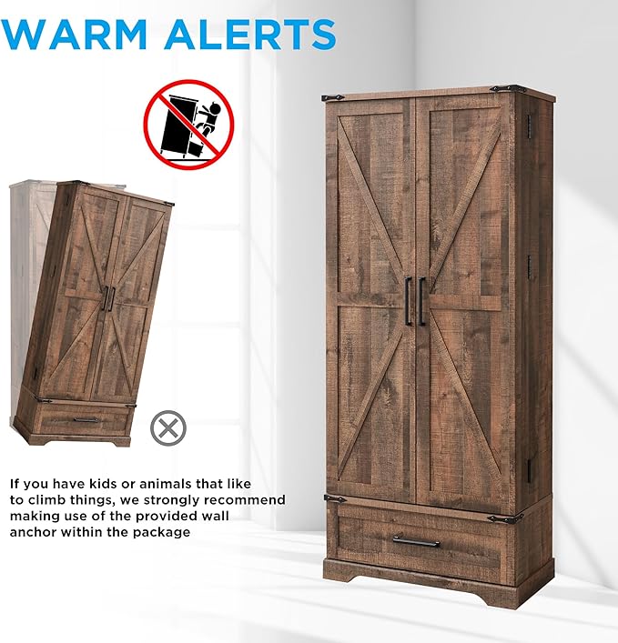 72" Farmhouse Kitchen Pantry Cabinet With Drawer, Tall Storage With 2 Barn Doors and Shelves, Versatile Large Rustic for Dining Room, Bathroom, Living Room, Rustic Brown