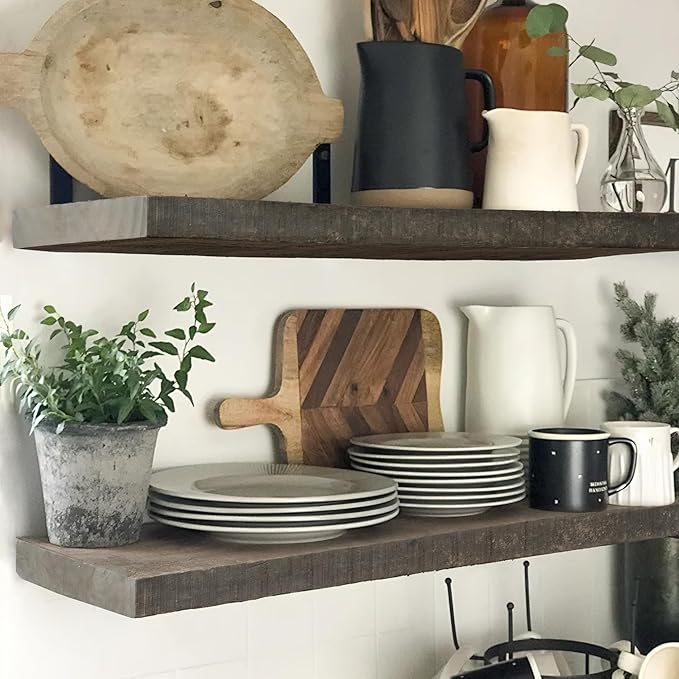 Floating Shelves, 8 Inch Deep Rustic Solid Reclaimed Wood Wall Shelves for Storage, Wall Mounted Display Shelving with Invisible Heavy-Duty Metal Bracket, 24 Inch Width Set of 2, Cement Grey