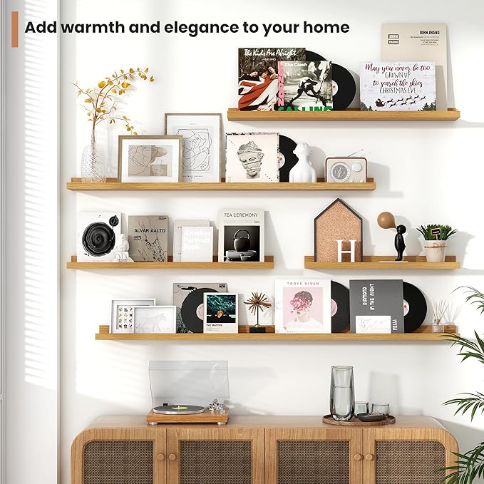 Fun Memories Picture Ledge Shelves Set of 2, 55 Inch Rustic Wall Mounted Floating Shelves with Lip for Home Storage and Décor in Bathroom, Kitchen, Nursery, Bedroom, Living Room, Oak