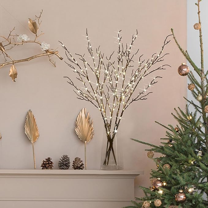 Fudios Lighted Branches Plug in 32IN 200 LED Mantle Winter Decor, Brown Twig Branch Lights for Christmas Holiday Party Indoor Outdoor