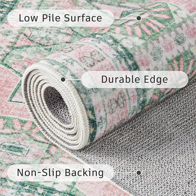 DCX Washable 8x10 Area Rug, Soft Machine Washable Non Slip with Rubber Backing Vintage Rug, Kid & Pet Friendly Living Room Area Rugs 8x10, Foldable Rugs for Bedroom Dining Room Office-Pink & Green