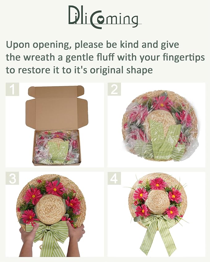 Dilicoming Spring Wreaths for Front Door - 16 Inch Spring Summer Hat Wreath with Artificial Flower, Gift for Women, Indoor Outdoor Wreaths for Wall, Window, Farmhouse, Party, Holiday Home Décor