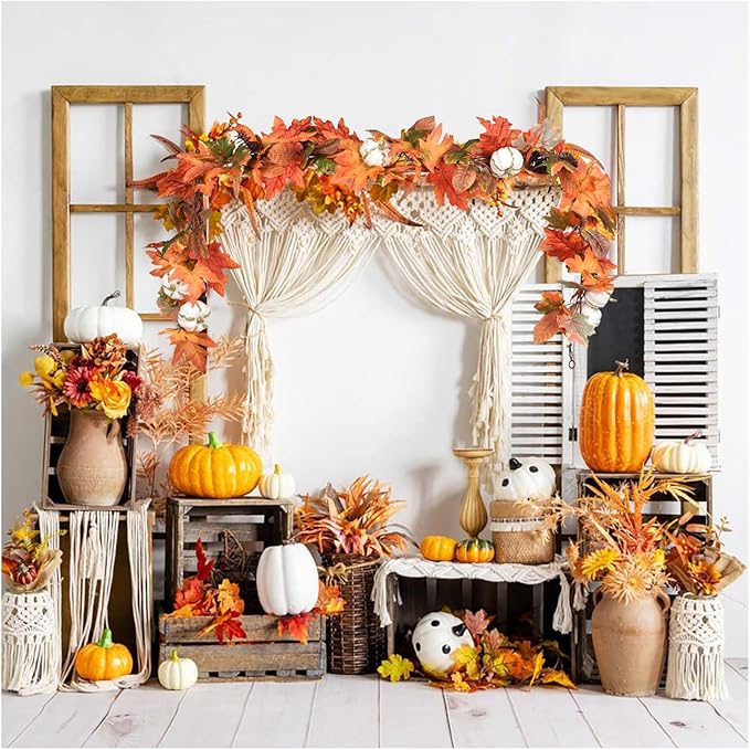 DearHouse 6ft Pumpkin Fall Maple Leaves Garland - Artificial Autumn Foliage Hanging Vine for Thanksgiving, Home, Wedding, Fireplace, Party, Christmas Decor (Orange & Brown)