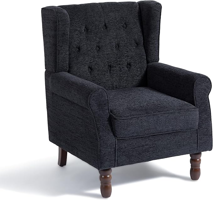 Accent Chair, Upholstered Armchair with Button Tufted High Back & Solid Wood Legs, Comfy Wingback Reading Single Sofa Chair for Small Spaces, Living Room, Bedroom (Blue, Set of 2)
