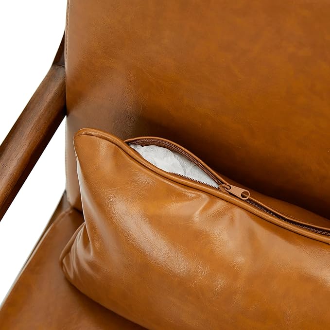 Glitzhome 30" H Mid Century Yellowish Brown Accent Armchair, Single Reading Sofa, PU Leather Lounge Chair with Walnut Ruberwood Frame for Livingroom or Office