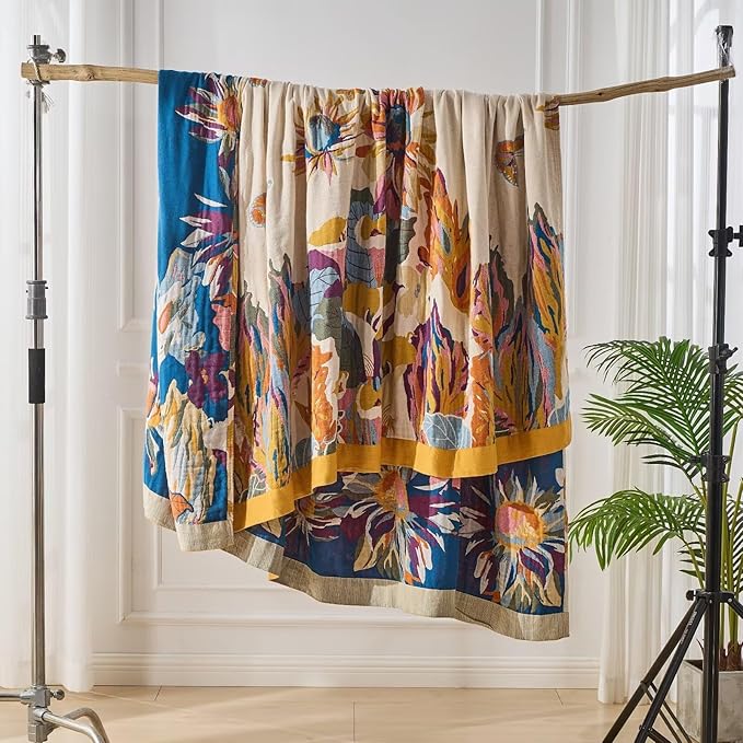 Boho Throw Blanket for Bed, Lightweight Reversible Quilt, Fall Cotton Blanket, Queen Size Boho Floral Bird Colorful Retro Quilt Ultra Soft Reversible Gauze Blanket for All Season, 80"x90"