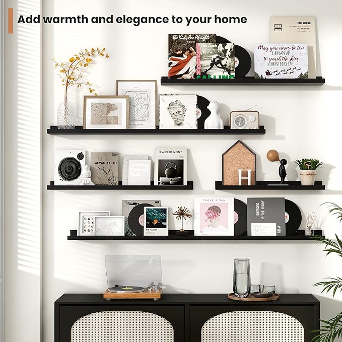 Fun Memories Picture Ledge Shelves Set of 2, 32 Inch Rustic Wall Mounted Floating Shelves with Lip for Home Storage and Décor in Bathroom, Kitchen, Nursery, Bedroom, Living Room, Black