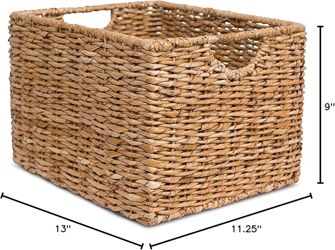 BIRDROCK HOME Storage Shelf Organizer Baskets with Handles - Handwoven Abaca Seagrass Wicker Basket for Pantry, Living Room, Office & Bathroom, Versatile Under Shelf Storage - Set of 3, Natural