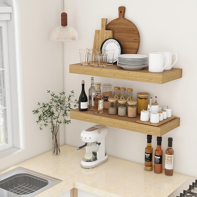 12 Inch Deep Floating Shelves | 30W x 12D Rustic Floating Shelves for Wall Set of 2 | Oak Shelves for Living Room Bathroom Laundry Room Bedroom Kitchen Home Office - Oak