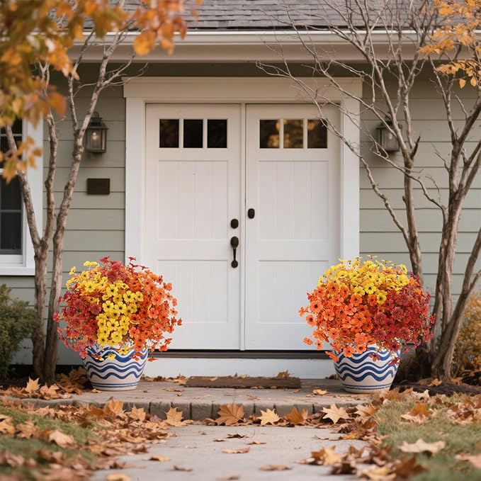 12 Bundles Artificial Fall Flowers Faux Mums for Outdoor Indoor, Artificial Plants Daisy Faux Plants Fake Mums for Fall Decor Pots Patio Garden Porch Autumn (Orange,Brown,Yellow) (12)