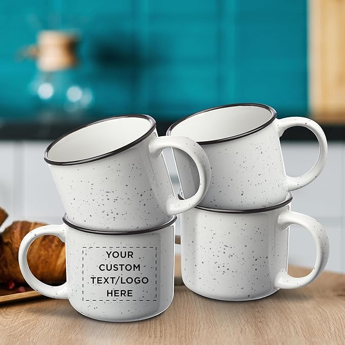 DISCOUNT PROMOS Custom Ceramic Campfire Coffee Mugs 13 oz. Set of 10, Personalized Bulk Pack - Perfect for Tea, Espresso, Cappuccino, Hot Cocoa - White