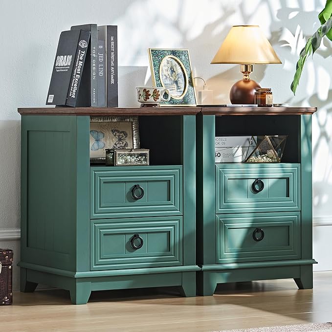 18" Farmhouse Night Stand with Charging Station, 2 Drawers Bedside End Table, Green Wooden Nightstand, Bed Side Table Cabinet with Open Shelf for Bedroom Living Room Office