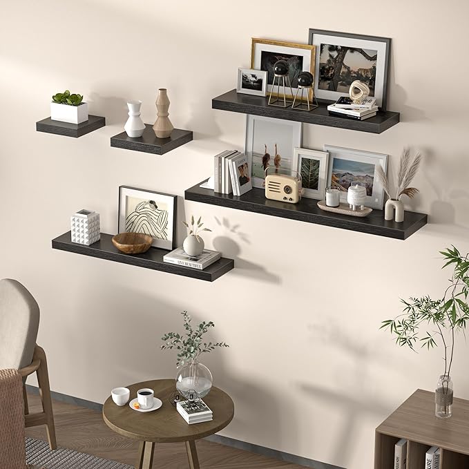 Floating Shelves for Wall, 40" W x 8" D x 1.5" H, Wooden Wall Mounted Display Shelves with Invisible Brackets for Living Room, Bedroom, Bathroom, Kitchen Decor and Storage, Set of 2, Black