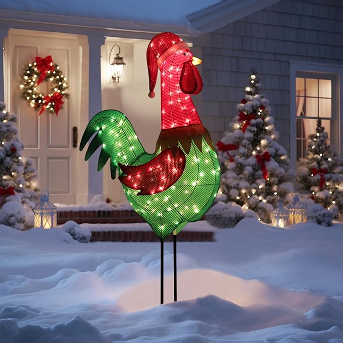 6FT Lighted Rooster with Christmas Hat for Outdoor Christmas Decorations, 3D Pre-Lit Iridescent Rooster Xmas Decor, Glittered Standing Holiday Display Rooster for Outdoor, Indoor